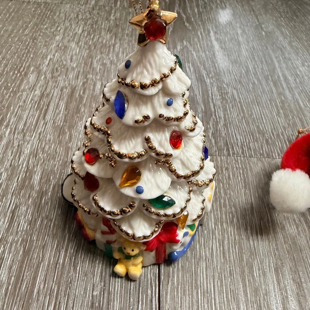 Vintage 2003 Ceramic White Christmas Tree & Plush Bear Gift Box Ornament Set